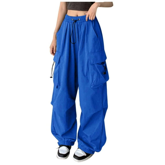 adviicd Cargo Pants for Women High Waist Baggy Casual Solid Parachute Trousers Loose Fit Y2K Streetwear with Multi Pockets (Blue, M)