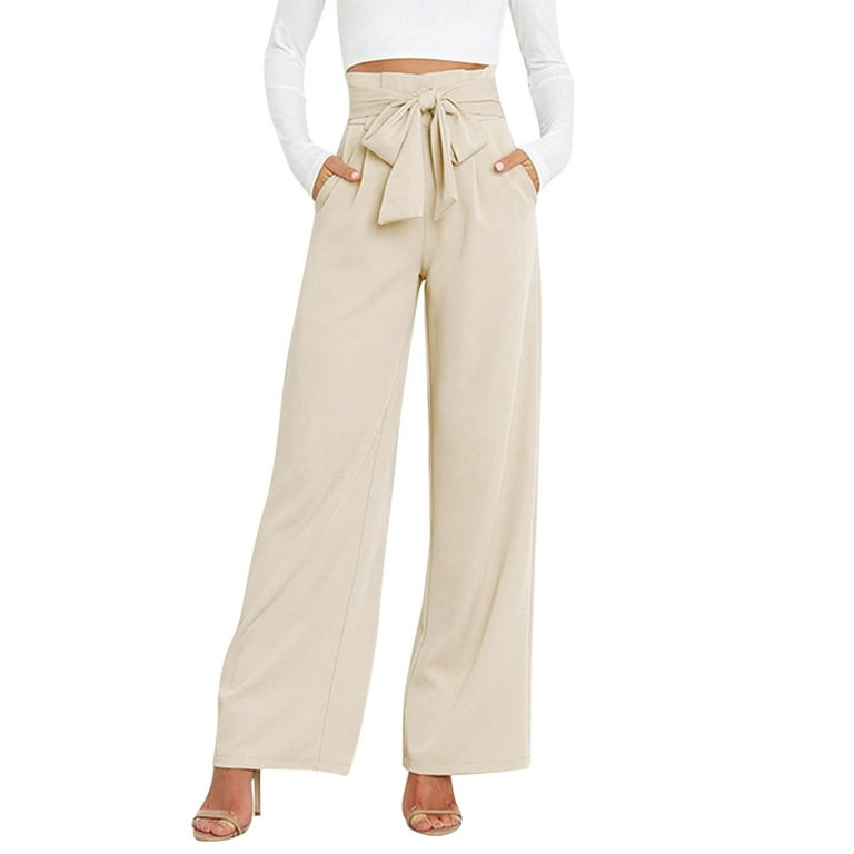 Women's Casual Wide Leg Dress Pants High Waisted Button Down Straight-Leg  Long Trousers Business Casual Cozy Pants(S,Beige)