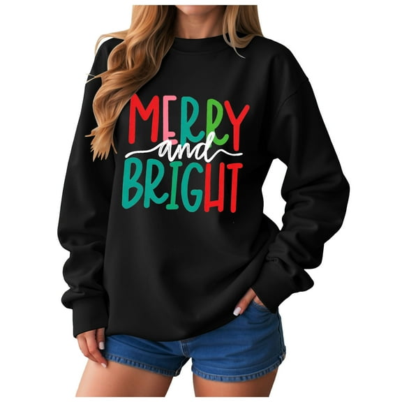 adviicd Christmas Sweatshirt for Women Merry and Bright Sweaters Crewneck Fashion Winter Pullover (Black, XXL)
