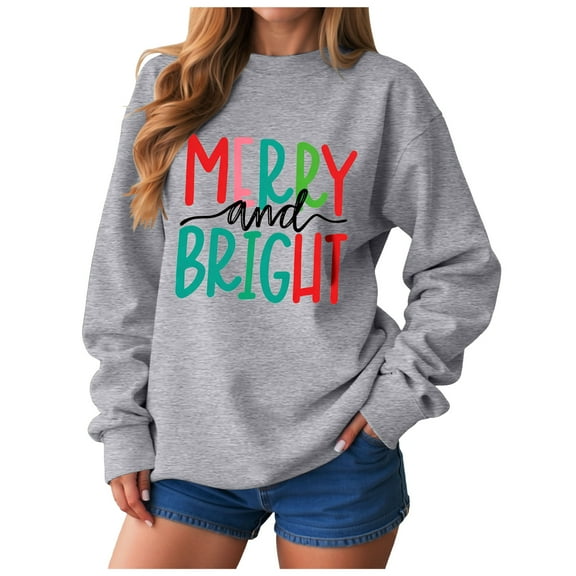 adviicd Christmas Sweatshirt for Women Merry and Bright Sweaters Crewneck Fashion Winter Pullover (Grey, L)
