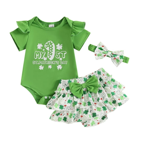 adviicd My First St Patricks Day Baby Girl Outfit Ruffle Bodysuit Bows Shorts Spring Outfit New Born Clothes Baby Girl (Green,9-12 Months)
