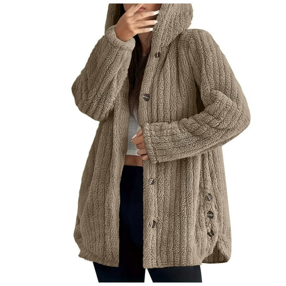 adviicd Fleece Jacket Women Fall Open Front Button Down Sherpa Jacket Fluffy Plush Hooded Soft Warm Winter Coat With Pockets (Khaki, 3XL)