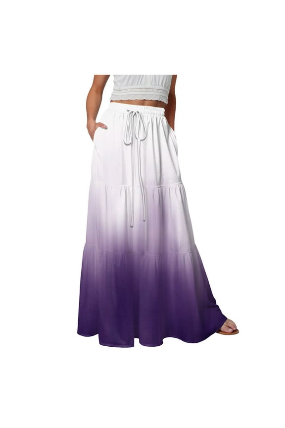 Flowy Maxi Skirts for Women 2025 Summer Casual Floral High Waisted Plus Size Long Boho Work Skirt with Pockets Purple, XXL