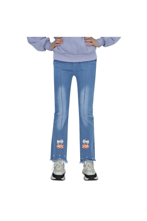 Girl's High Waisted Flare Leg Hem Bell Bottom Jeans Denim Pants (Orange,2-3 Years)