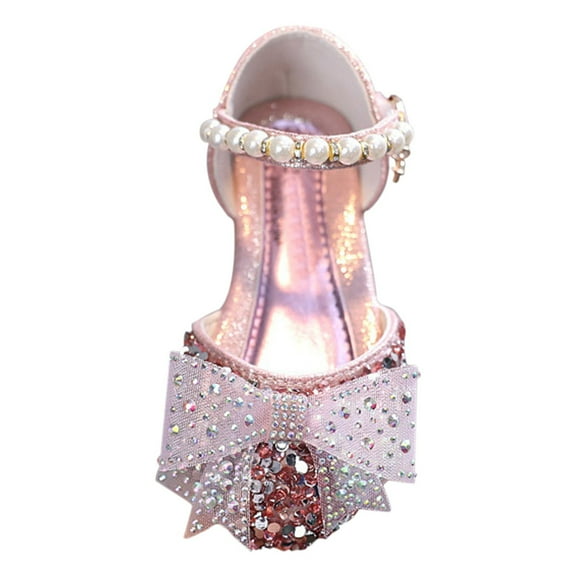 adviicd Girls Dress Shoes Closed Toe Low Heels Bow Ballet Wedding Party Sandals Princess Flower Shoes (Pink,3.5-4Years )