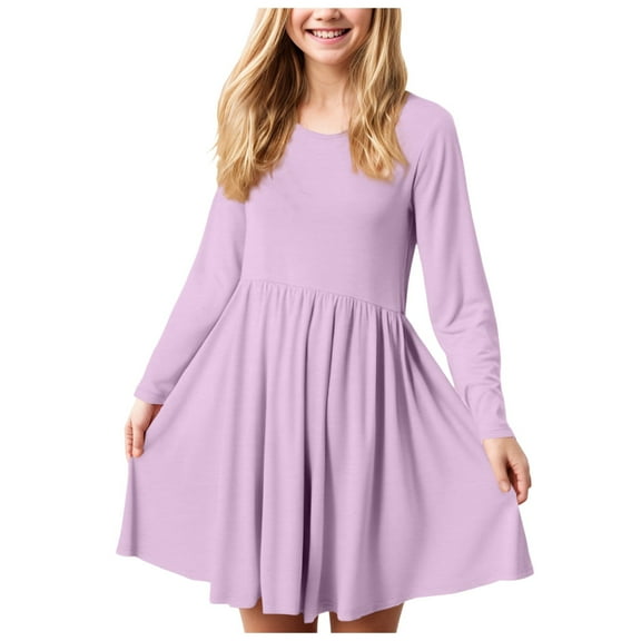 adviicd Girls Dresses Size 10-12 Casual Long Sleeve Solid Color Back Cross Dress Girls Skirt (Light Purple,9-10 Years)