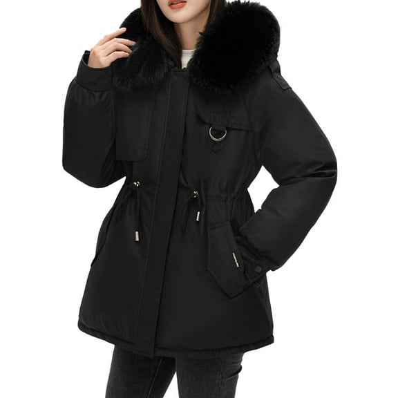 adviicd Jackets for Women Womens Fleece lined Parka Hooded Winter Coat with Detachable Faux Fur Trim Multiple Pockets (Black,L)