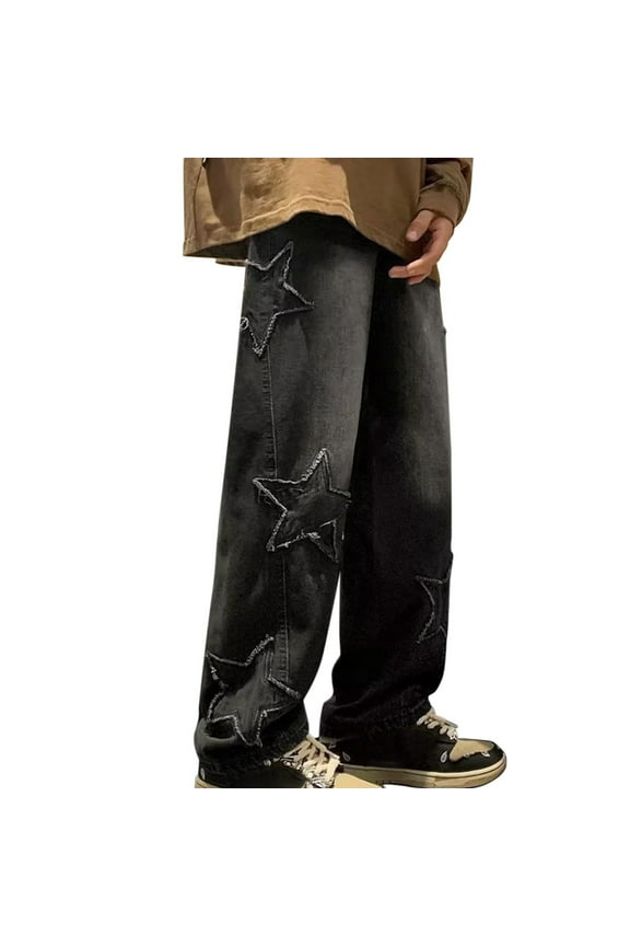 Jeans for Men Men's Star Patch Vintage Jeans Casual Straight Leg Denim Pants (Black,XL)