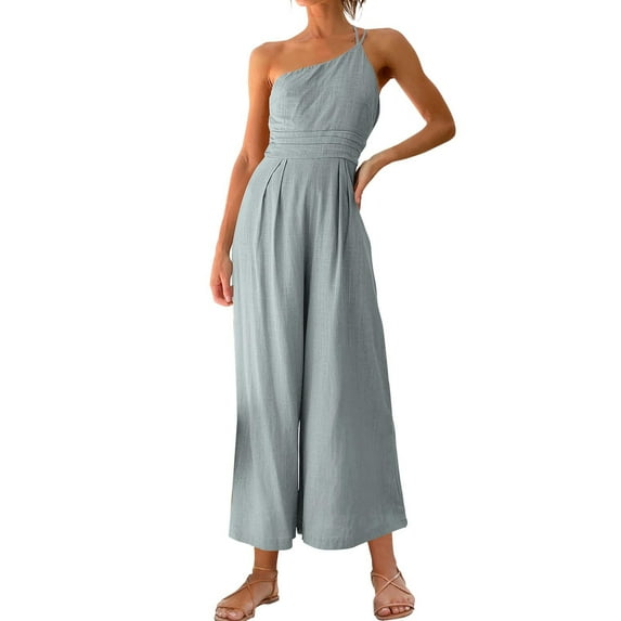 adviicd Jumpsuits For Women Dressy Wedding Fashion Women's Floral Short Sleeve High Waist Wide Leg Pants Casual Loose Smocked Jumpsuit Romper Grey L