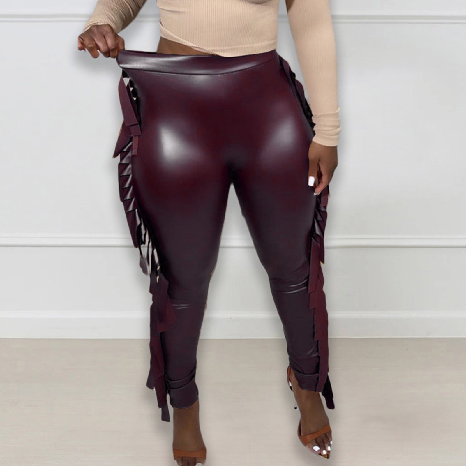 adviicd Leather Pants For Women Women's Flexible Club Leather Pants High  Waisted Disco Short Hot Pants Purple 3XL