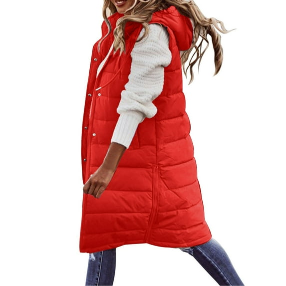 adviicd Long Puffer Vest Women Quilted Hooded Sleeveless Down Vest Outerwear Jackets Fall Winter Coats with Pockets (Red, M)