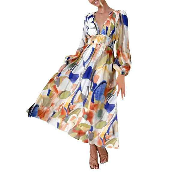 adviicd Long Sleeve Dresses Women's 2024 Fall Maxi Dress Casual Long Sleeve V Neck Printed Beach Long Flowy Dresses (Blue,L)