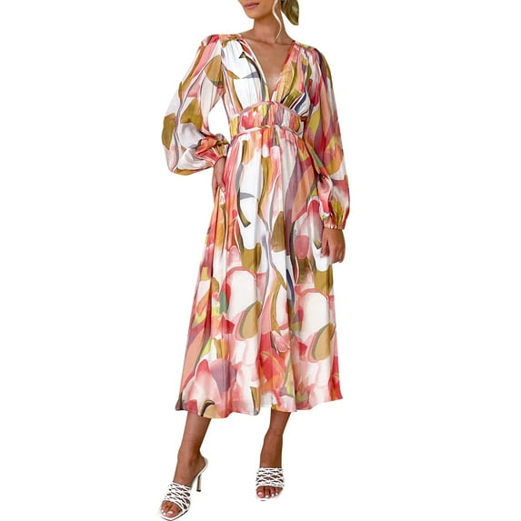 adviicd Long Sleeve Dresses Women's 2024 Fall Maxi Dress Casual Long Sleeve V Neck Printed Beach Long Flowy Dresses (Pink,S)