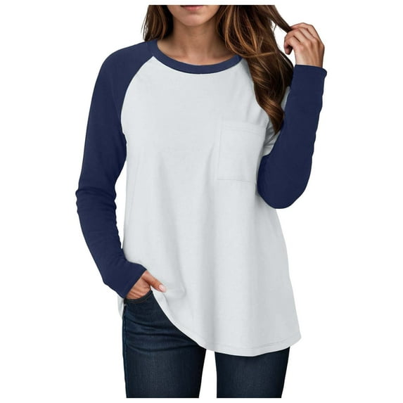adviicd Long Sleeve Shirts for Women Color Block Raglan Tops Casual Crewneck Basic Tees Fall Clothes 2025 Fashion (Blue, S)