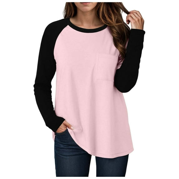 adviicd Long Sleeve Shirts for Women Color Block Raglan Tops Casual Crewneck Basic Tees Fall Clothes 2025 Fashion (Pink, XL)
