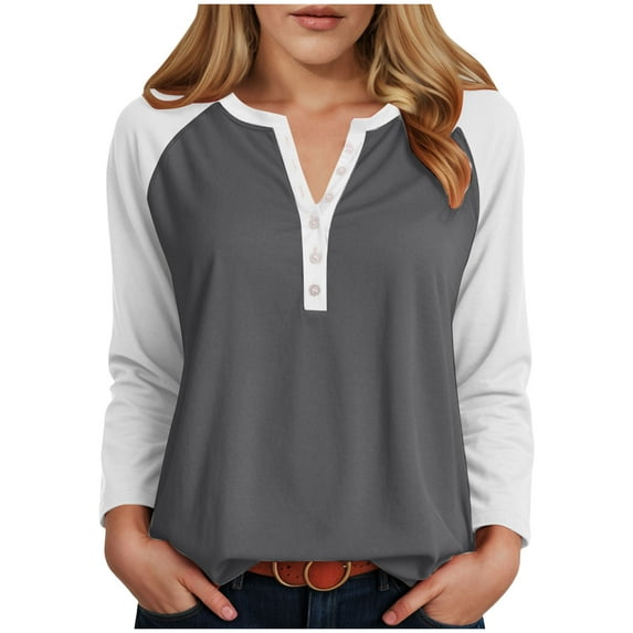 adviicd Long Sleeve Tops for Women 2025 Fall Henley Neck Shirts Fall Outfits Fashion Clothes (Grey, M)