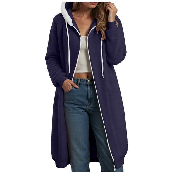 adviicd Long Winter Coats for Women Solid Color Zip Up Hooded Jacket Oversized Warm Long Sleeve Fuzzy Coat Winter Outfits (Navy, XL)