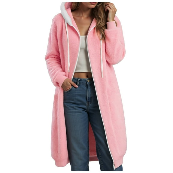 adviicd Long Winter Coats for Women Solid Color Zip Up Hooded Jacket Oversized Warm Long Sleeve Fuzzy Coat Winter Outfits (Pink, 3XL)