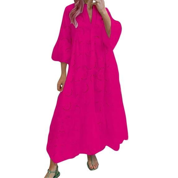 adviicd Maxi Dress for Women Wedding Guest Womens Lace Embroidered Eyelet Maxi Dresses Button V Neck Flowy Swing Hem Tiered A Line Dress (Hot Pink,M)
