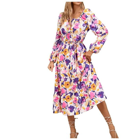adviicd Maxi Dresses for Women Womens Dresses 2024 Boho Floral Smocked Square Neck Long Sleeve Button Down Beach Long Maxi Dress with Pockets (Pink,L)