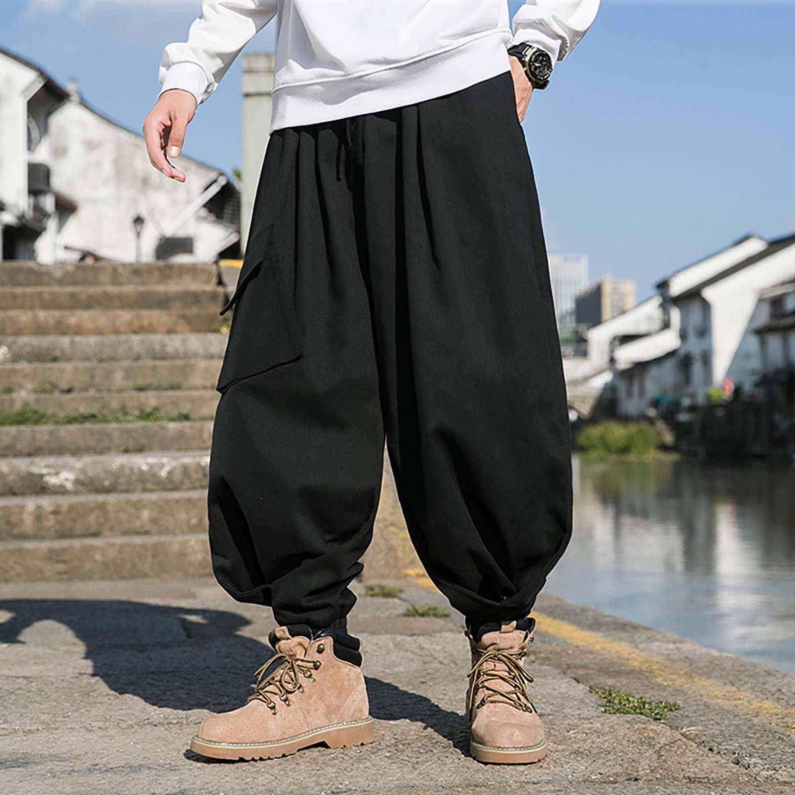 Men's new black multi-pocket pants with drawstring design hip-hop street  style loose casual cargo pants