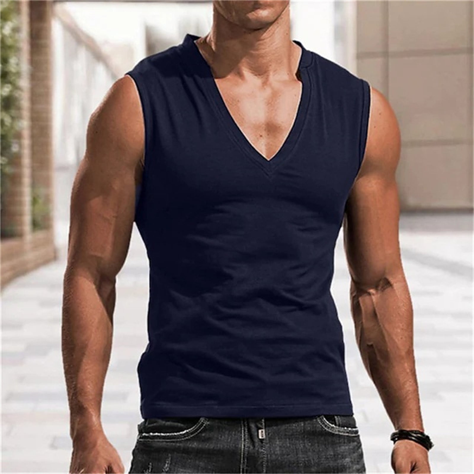 adviicd Men Tops Long Sleeve Mens Tank Top Fashion Neck Vest Round Mens  Casual Solid Color Summer Sleeveless Top Men's Tank Tops Black 3XL