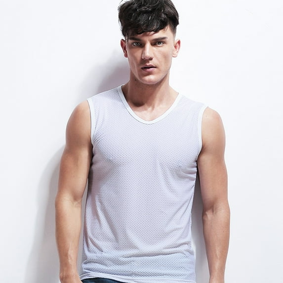 adviicd Men Tops Men'S Tank Tops Men's Mesh Fishnet Fitted Sleeveless Muscle Top White 2XL