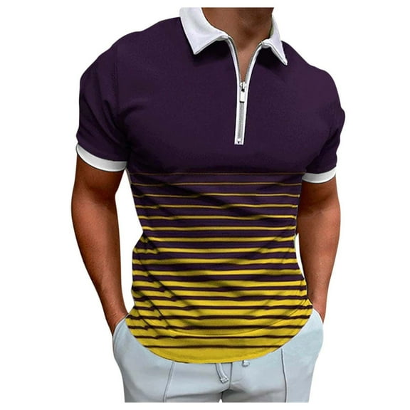 adviicd Men Tops Summer Mens Golf Polo Men's Knit Polo Shirt Short Sleeve Vintage Striped Golf Shirt Yellow XL