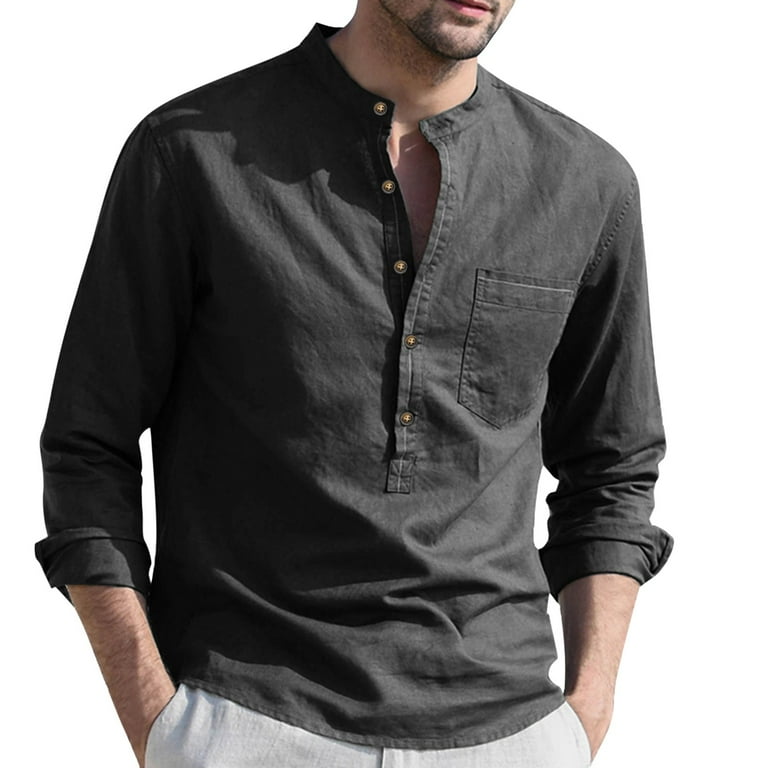 adviicd Mens Long Sleeve T Shirts Men s Linen Stylish Traditional Pattern Printed Long Sleeve Button up Shirt Black S