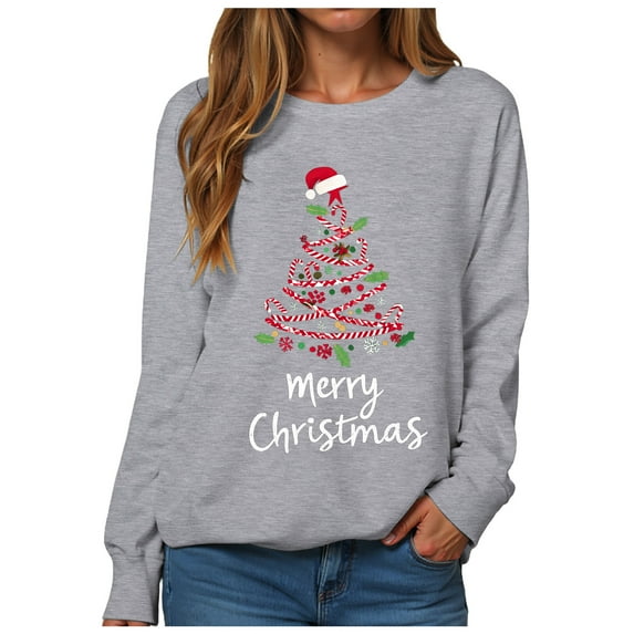 adviicd Merry Christmas Shirt for Women Santa Christmas Tree Long Sleeve Sweatshirt Gifts (Grey, S)