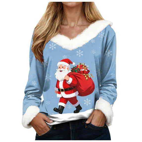 adviicd Merry Sweater Women Ugly Christmas Sweaters Funny Holiday Sweatshirts Faux Fur Trim V Neck Santa Graphic Xmas Tops (Blue, S)