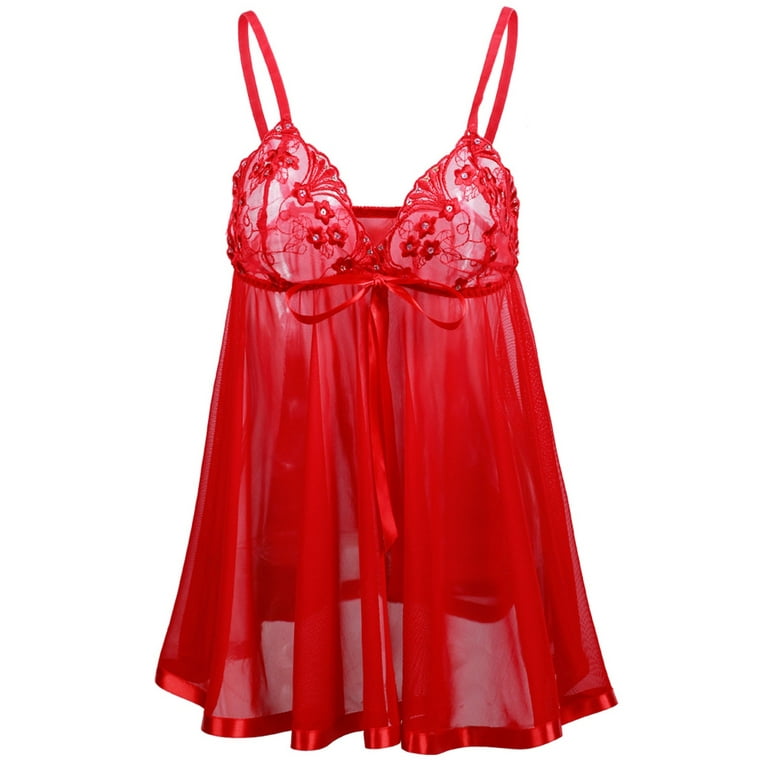adviicd Nightgown With Built In Bra Women's Floral Embroidery Mesh Split  Cut Out Lingerie Slip Dress Red 2XL