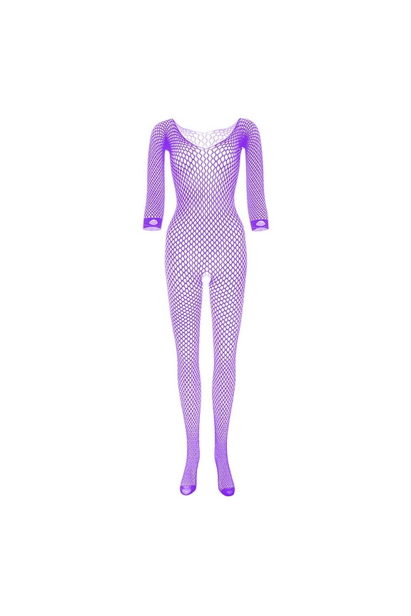Plus Size Fishnets womens Rhinestone Long Sleeve Fishnet Bodysuit Purple One Size