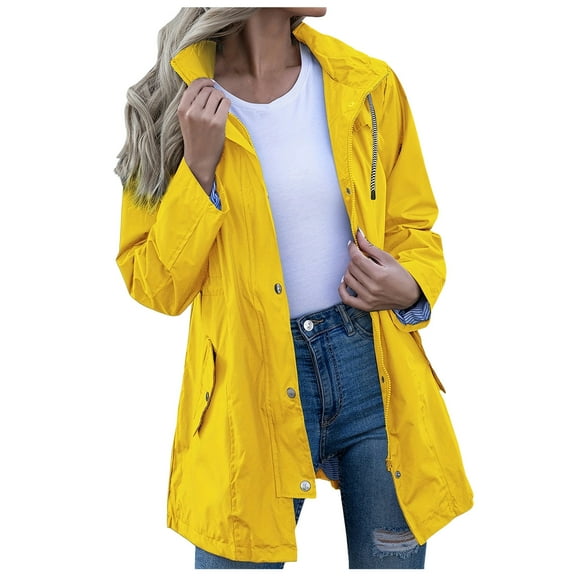 adviicd Rain Jacket Women Striped Lined Hooded Lightweight Raincoat Outdoor Waterproof Windbreaker Yellow, XL