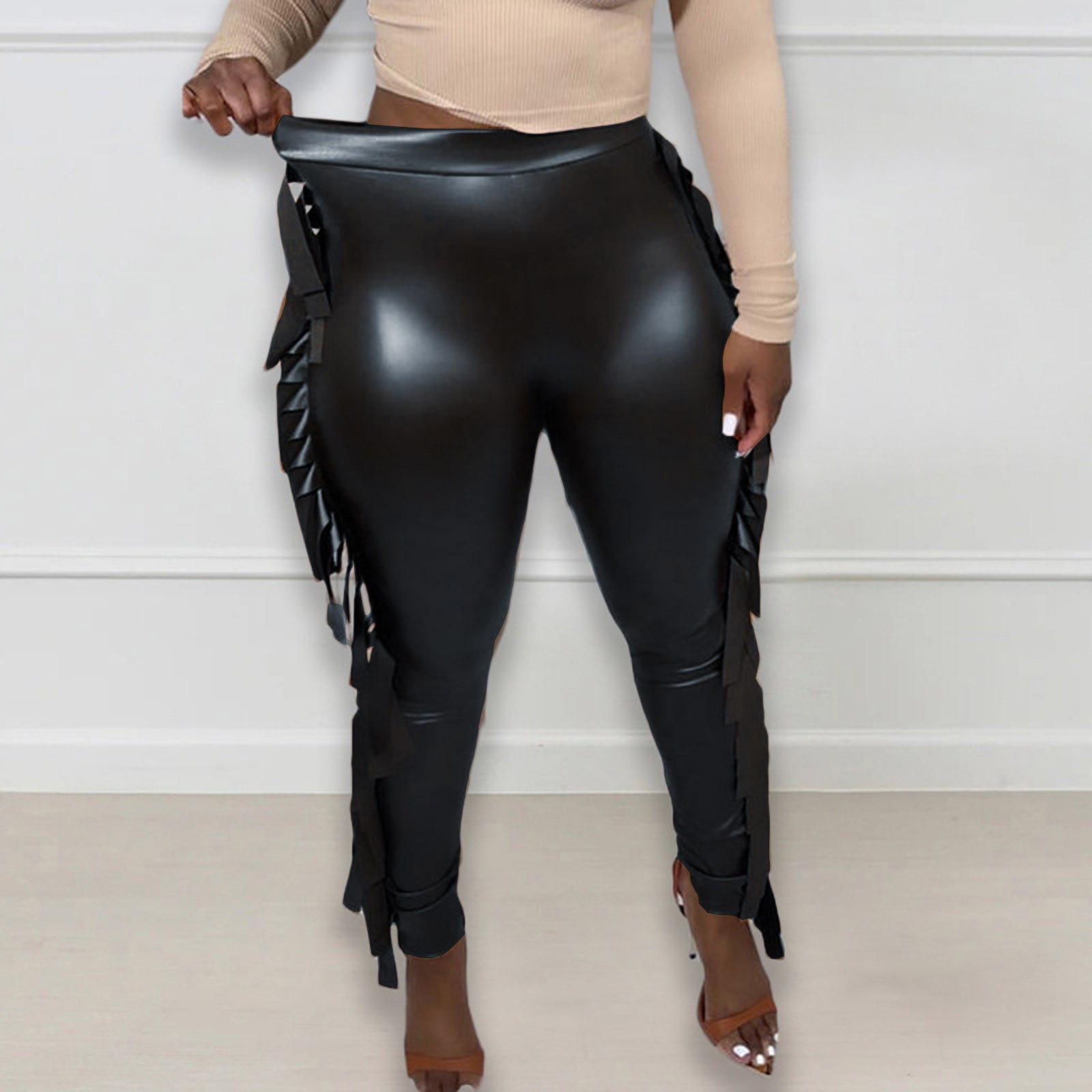 adviicd Spanx Leather Leggings For Women Women s High Waist Wide Leg PU Leather Cropped Pants Culottes Black M Walmart