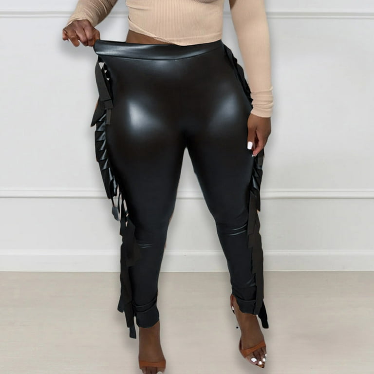 adviicd Spanx Leather Leggings For Women Women's Plus Size Leather High  Waist Wide Leg PU Leather Pants Black L 