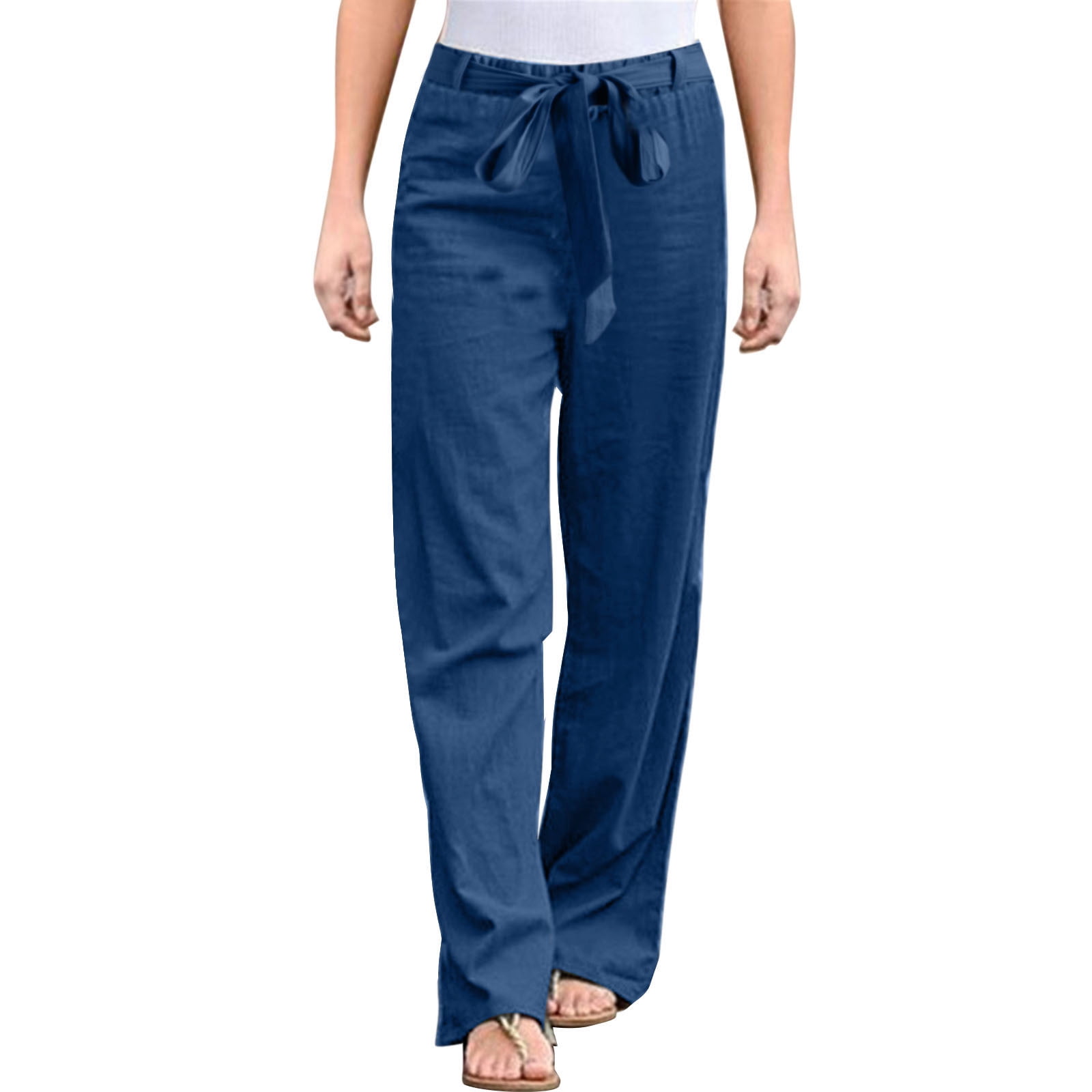 Women Comfy Cotton Linen Pants Solid Button Elastic Waist Pants with  Pockets Caual Rolled Hem Pants for Work Outdoor(XL,Blue)