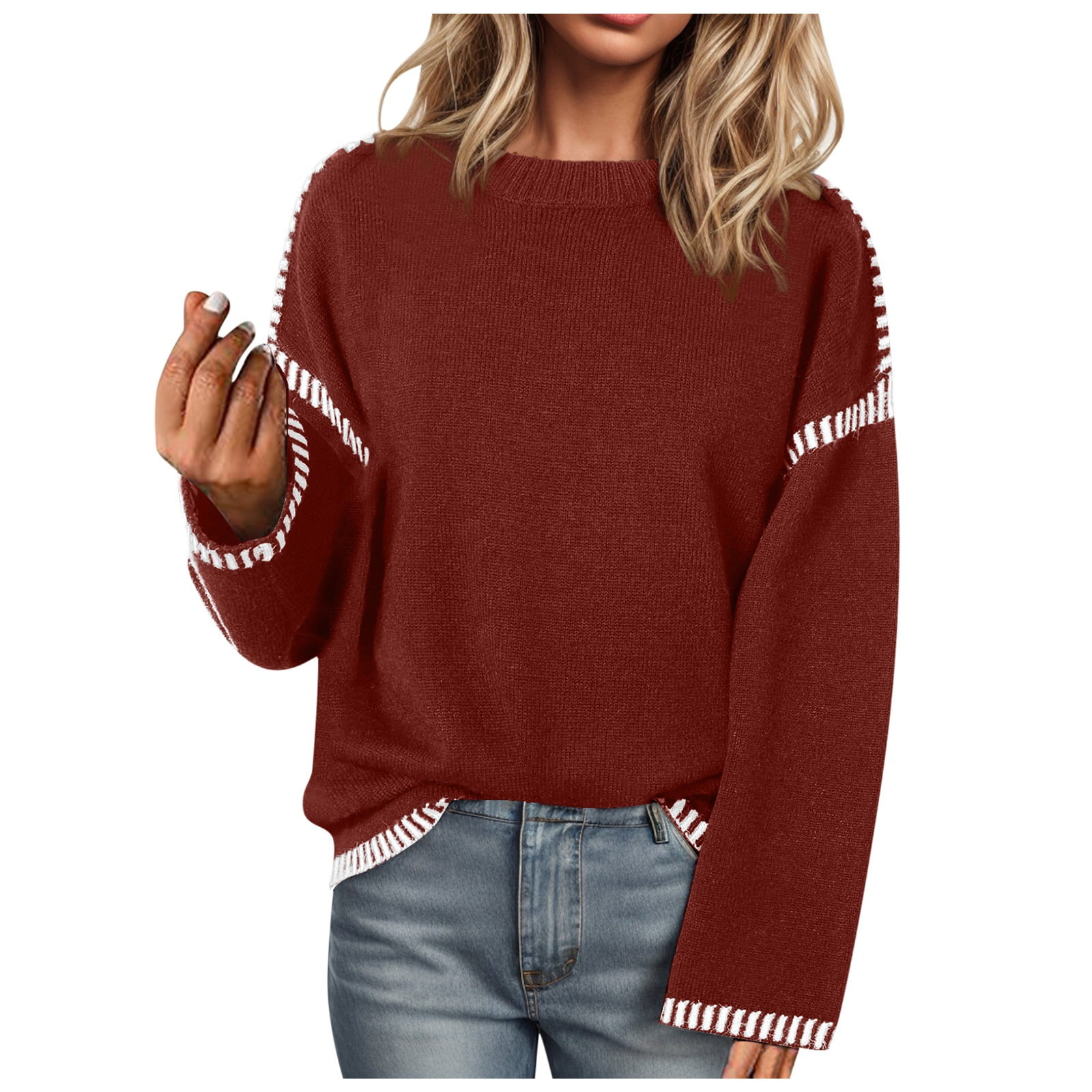 Women Red Loose Knitted Sweater Fashion Crew Neck Long Sleeve Sweater