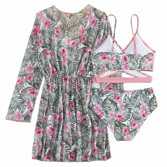 adviicd Teen Girl Swimsuit Girls 3 Piece Bikini Swimsuit Set Cute Bathing Suit with Quick Dry Coverup (Pink,7-8 Years)