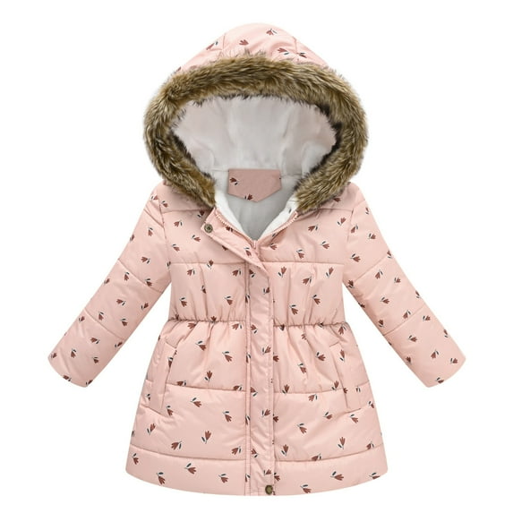 adviicd Toddler Baby Girls Jacket Hooded Kids Winter Thick Warm Hooded Windproof Print Coat Outwear Jackets (Light Pink,6-7 Years)