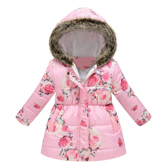 adviicd Toddler Baby Girls Jacket Hooded Kids Winter Thick Warm Hooded Windproof Print Coat Outwear Jackets (Pink,6-7 Years)