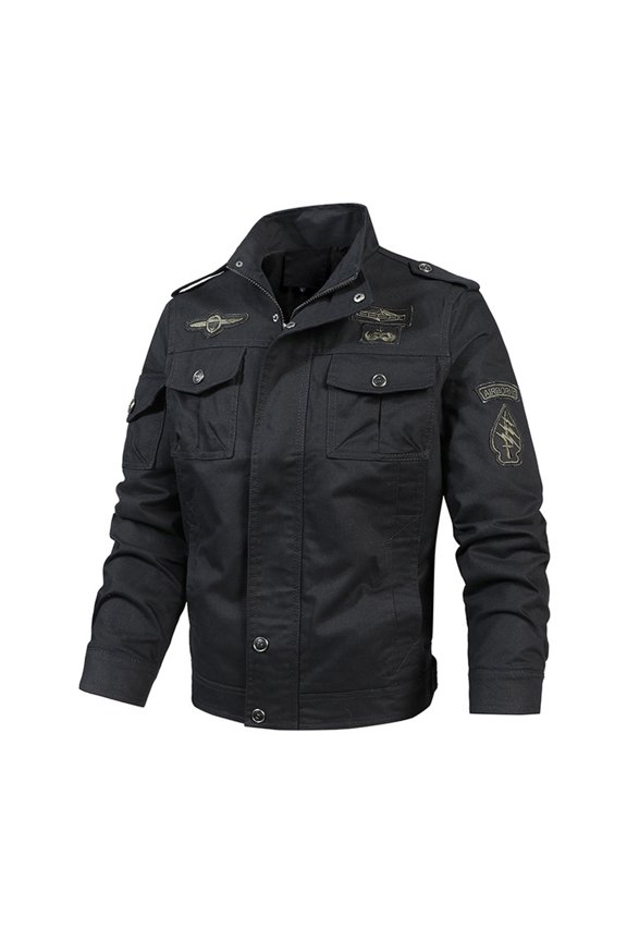 Windbreaker Jackets for Men Men's Cotton Lightweight Multi Pockets Zip Front Stand Collar Military Jackets Windbreaker (Black,XL)