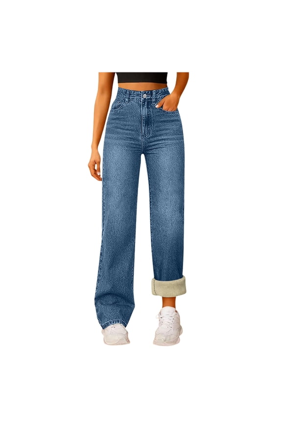 Winter Wide Leg Fleece Lined Jeans for Women Casual High Waisted Strechy Straight Leg Loose Tummy Control Denim Pants with Pocket (Dark Blue, M)