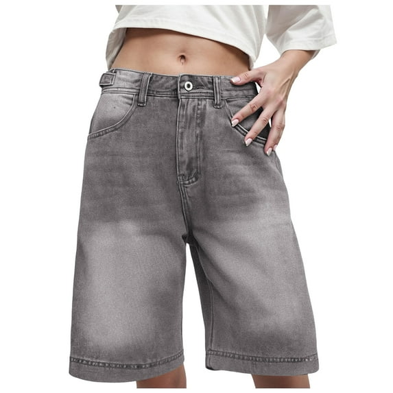 adviicd Women Baggy Denim Bermuda Shorts Y2k Vintage Straight Leg Denim Shorts Casual Knee Length Jean Jorts with Pockets (Grey, S)