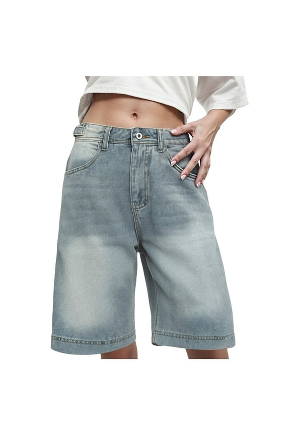 Women Baggy Denim Bermuda Shorts Y2k Vintage Straight Leg Denim Shorts Casual Knee Length Jean Jorts with Pockets (Light Blue, L)