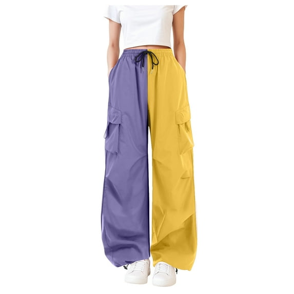 adviicd Women Cargo Pants Patchwork Y2K Streetwear Baggy Drawstring Elastic Parachute Pants Purple, XL