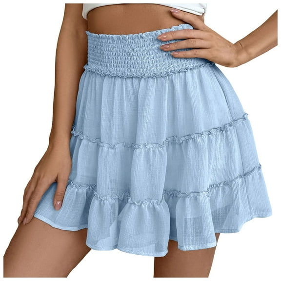 adviicd Women Chiffon Skirts High Waist Ruffle Mini Skirts Tennis Golf Skirt Boho Summer Tiered Skirts with Built-in Shorts Light Blue, S