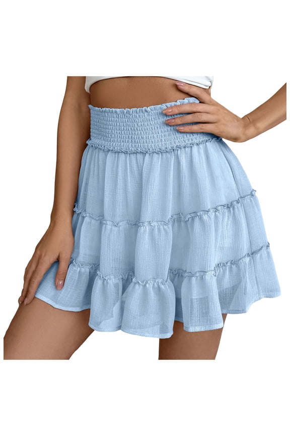 Women Chiffon Skirts High Waist Ruffle Mini Skirts Tennis Golf Skirt Boho Summer Tiered Skirts with Built-in Shorts Light Blue, S