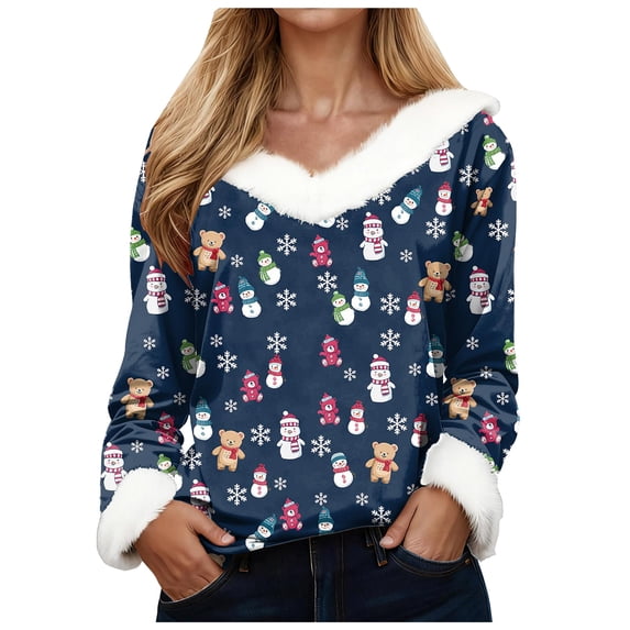 adviicd Women Christmas Tops Faux Fur Trim Long Sleeve Sweatshirt V Neck Graphic Holiday Shirts Fun Dressy Pullover Top (Navy, XL)