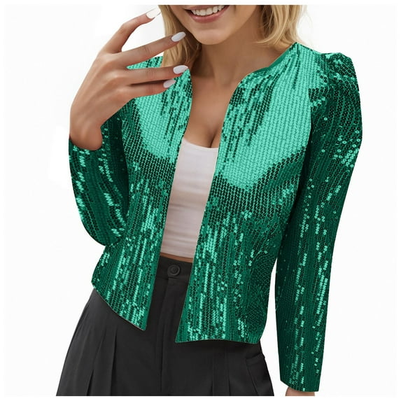 adviicd Women Fashion Sequin Jacket Open Front Long Sleeve Short Blazer Casual Outerwear Coat Green, S